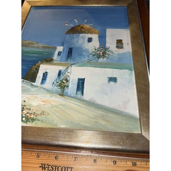 Framed Nautical Seaside Windmill House Painting - Mediterranean Greece Feel - Picture 3 of 4